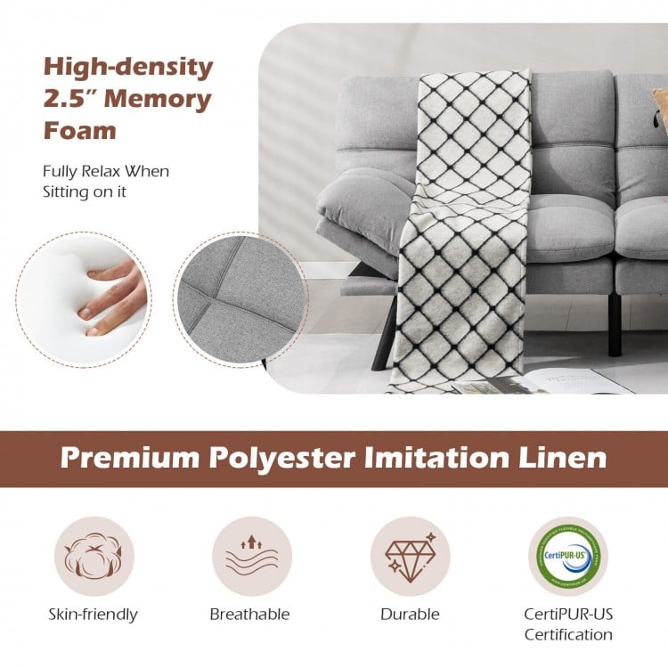 Convertible gray memory foam futon sofa bed with adjustable armrest, perfect for small spaces and multifunctional use.